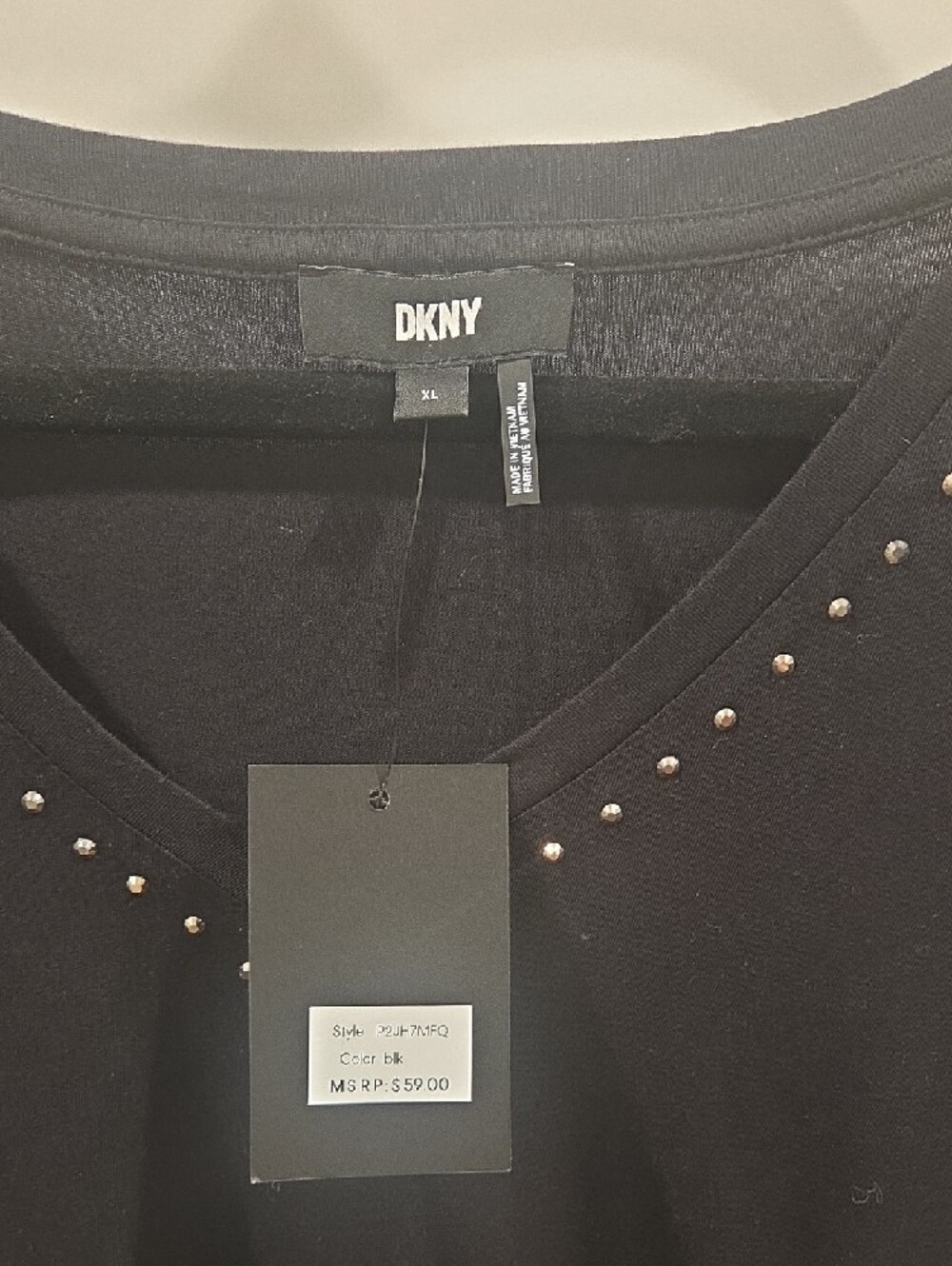 DKNY Black Short-Sleeve V-Neck Top with Silver Stud Accents - Picture 2 of 5
